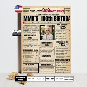 Modèle sur toile d'affiche de journal 100e anniversaire, décoration de fête 100e anniversaire modifiable contenant des actualités et des faits saillants de 1925 aux États-Unis