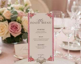 Pink Floral Wedding Menu Template, Editable Canva Card (Digital Download)