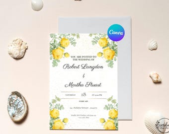 Plantilla editable de invitación de boda con diseño floral en Canva. Invitación de boda romántica con rosas amarillas. Descarga digital imprimible.