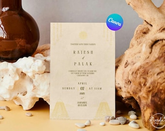 Plantilla de invitación de boda del sur de la India en Canva. Tarjeta de boda tamil para descargar digitalmente. Tarjeta de matrimonio telugu en línea para WhatsApp. Evite.