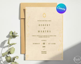 Plantilla de invitación de boda vintage editable en Canva. Conjunto de invitaciones de boda imprimibles de estilo antiguo y elegante. Descarga de invitación de boda.