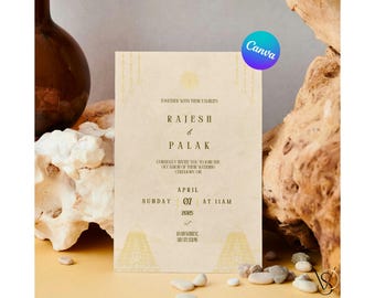 Plantilla de invitación de boda del sur de la India en Canva. Tarjeta de boda tamil para descargar digitalmente. Tarjeta de matrimonio telugu en línea para WhatsApp. Evite.