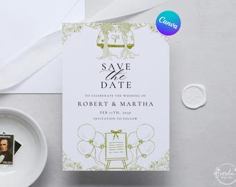Plantilla de invitación de boda editable en Canva, estilo vintage, elegante y minimalista, con diseño botánico. Tarjeta imprimible para anunciar tu boda.