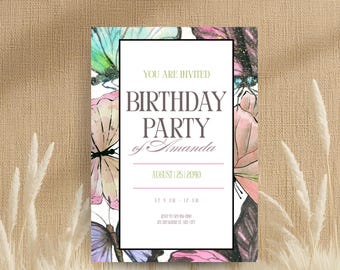 Plantilla de Canva para invitación de cumpleaños con diseño de mariposas / Invitación vintage para fiesta (PDF)