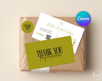 Plantilla de tarjeta de agradecimiento de Canva para pequeñas empresas con mucho movimiento, insertos de pedidos y pegatinas de agradecimiento para inserciones de empaques para tiendas en línea.