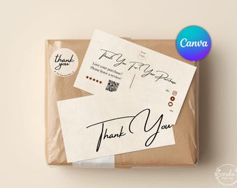 Plantilla de Canva para tarjeta de agradecimiento y pegatina para pequeñas empresas. Tarjeta de agradecimiento por compra editable. Tarjeta de reseña con código QR. Insertos de marca minimalistas.