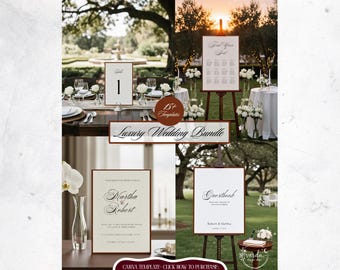 Paquete de plantillas de boda vintage, papelería digital, suite de invitaciones, Canva editable, rústico, elegante, personalizable, diseño en crema y marrón.