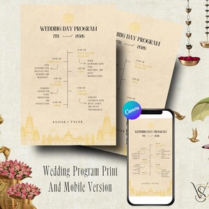 Sjabloon Indiaas trouwprogramma, trouwschema, digitale uitnodiging, QR-codeteken, hindoe-huwelijksprogramma bewerkbaar
