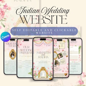 Pode incluir: Um modelo de site de casamento indiano digital com cinco telas de smartphone exibindo páginas personalizáveis com detalhes florais rosa, molduras douradas ornamentadas e texto incluindo Samarth weds Radha, Our Love Story e Our Wedding Program.