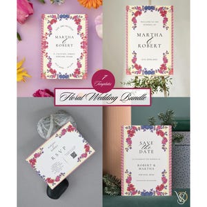 Può includere: Una collezione di modelli di partecipazioni di nozze floreali. I disegni presentano uno sfondo color crema con un bordo floreale in rosa, blu e rosso. Il testo include "Martha & Robert", "RSVP" e "Save the Date". Il pacchetto è etichettato "Floral Wedding Bundle".
