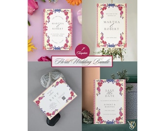 Bruiloftsbundel met wilde bloemen, romantisch briefpapier, trouwmenu, welkomstbord bruiloft, trouwprogramma, canvassjabloon