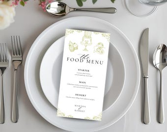 Plantilla de menú de boda elegante: Menú de comida vintage, imprimible (descarga instantánea)