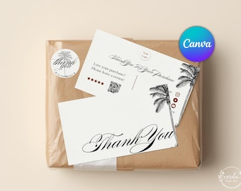 Paquete de plantillas de Canva para tarjetas de presentación tropicales con palmeras, inserto para pequeñas empresas, tarjetas con código QR para reseñas de Google y diseños de pegatinas circulares.