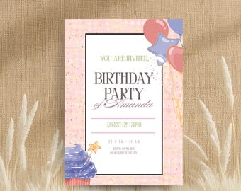 Invitación de cumpleaños infantil editable/Plantilla colorida para fiesta (Descarga digital)