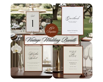 Vintage Wedding Template Bundle Digital Stationery Invitation Suite Canva Editable Rustic Elegant Customizable Cream Brown Design Collection