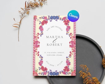 Floral Wedding Invitation Template Editable Canva Pink Romantic Wedding Invite DIY Printable Instant Download Elegant Card