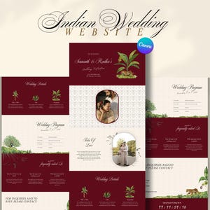 Pode incluir: Um modelo digital de site para casamento indiano com uma paleta de cores bordô e creme. O layout inclui seções para detalhes do casamento, programas e fotos, decoradas com ilustrações botânicas de bananeiras e um pavão.