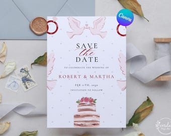 Wedding Save the Date Template Editable Canva Blush Romantic Printable Announcement Card