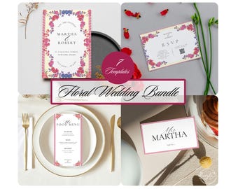 Floral Wedding Invitation Template Editable Canva Wedding Invite Bundle Pink Botanical Summer Wedding Digital Download Suite