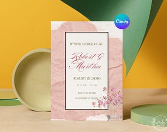 Plantilla de invitación de boda de Canva, imprimible, con diseño floral, editable y descarga instantánea para novias que prefieren hacerlo ellas mismas.
