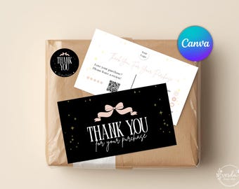 Paquete de plantillas de Canva para tarjetas de agradecimiento de lujo para pequeñas empresas. Tarjeta QR de reseña. Tarjetas de marca. Nota de embalaje imprimible.