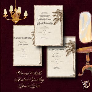 Op de afbeelding: Crèmekleurige Indiase trouwuitnodigingsset met palmbomen en sierlijke randen. De set bevat kaarten voor de Sangeet-, Haldi- en hoofddienst. De tekst "Canva Editable Indian Wedding Invite Suite" is ook zichtbaar.