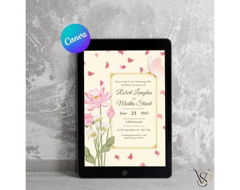 Plantilla editable de invitación de boda india para WhatsApp en Canva, invitación de boda con diseño floral de loto, descarga digital.