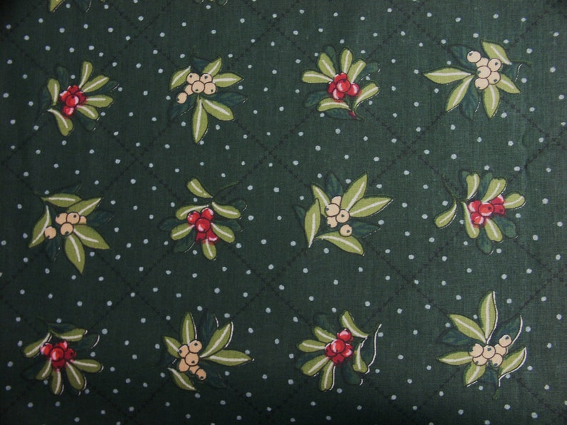 Vintage 1970s fabric in highquality unused cotton with red/ green/ yellow printed berries pattern on dark green bottomcolor image 2