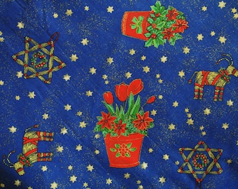 Vintage 1980s Christmas fabric in highquality unused cotton with large green/ red printed christmas/ flower-in-pot motive on darkblue bottom