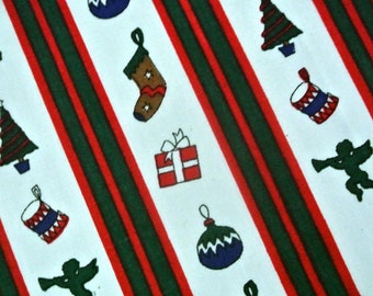 Vintage 1980s christmas fabric in highquality unused cotton with printed traditional motives and striped band pattern on white bottomcolor