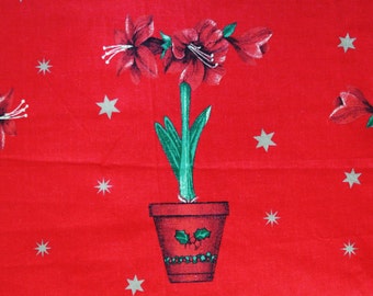 Vintage 1980s Christmas fabric in highquality unused cotton/ synthetic with LARGE green/red printed Christmas AMARYLLIS flower-in-pot motive