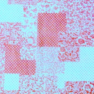 Vintage 1980s unused cotton/ synthetic design fabric with larger pink/ white printed patchwork pattern