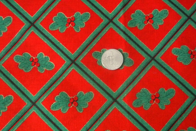 Vintage 1980s Christmas fabric in highquality sturdy unused cotton with printed lingonberry motive and green check pattern on red bottom
