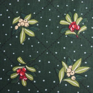 Vintage 1970s fabric in highquality unused cotton with red/ green/ yellow printed berries pattern on dark green bottomcolor image 1