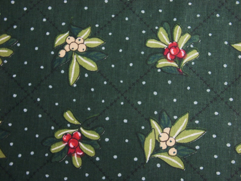 Vintage 1970s fabric in highquality unused cotton with red/ green/ yellow printed berries pattern on dark green bottomcolor image 1