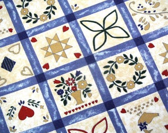 Vintage 1980s quilting sewing cotton fabric with multicolor motives in blue checkered pattern on light yellow bottomcolor