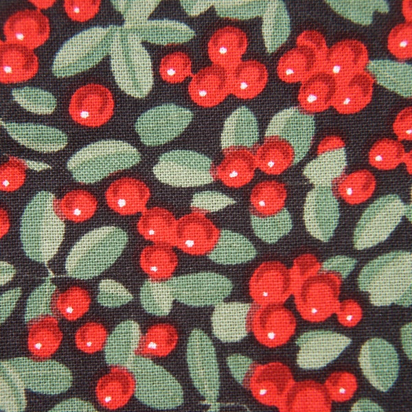 Vintage 1970s Swedish design fabric in highquality unused cotton with red green printed lingonberries pattern on dark green bottomcolor