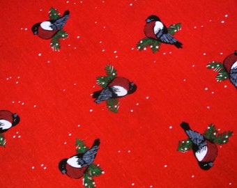 Vintage 1980s Christmas fabric in highquality sturdy unused cotton with larger printed Bullfinch bird motive on red bottom