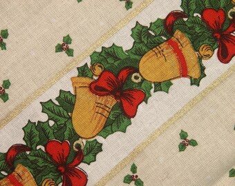 Vintage 1980s christmas fabric in highquality unused cotton with printed leafes/bell motive band pattern on beige bottomcolor