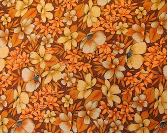 Vintage jaren 1960 stof in hoge kwaliteit ongebruikt katoen met grotere beige / bruin / oranje bloem patroon