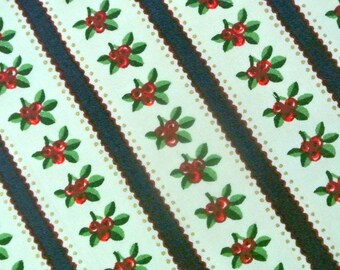 Vintage 1980s christmas fabric in highquality cotton with printed lingonberry motive and striped band pattern on white bottomcolor