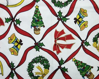 Vintage 1980s special christmas fabric in highquality unused cotton with printed christmas figures pattern on white bottomcolor