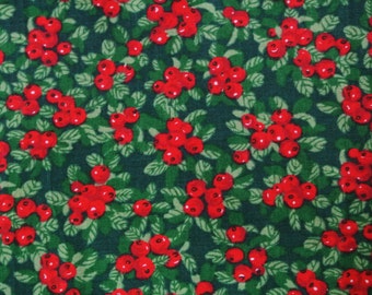 Vintage 1970s fabric in highquality unused cotton/ synthetic with red green printed lingonberries pattern on dark green bottomcolor