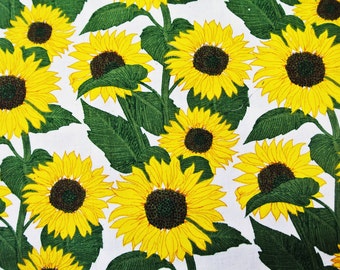 Vintage 1970s quilt fabric in prewashed cotton canvas with lovely large printed sunflower pattern on bone white bottomcolor