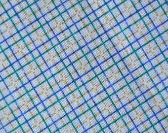 tissu de courtepointe vintage des années 1970 en tissu de coton inutilisé de haute qualité avec petit motif à poche bleu/jaune imprimé sur fond blanc