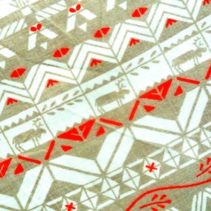 RARE vintage 1950s cotton quilting sewing design fabric with small printed beige/ red traditional Laplander/ reindeer motive on white bottom