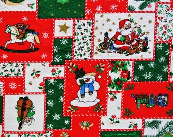 Vintage 1980s unused christmas cotton fabric with larger multicolor printed christmas toys/ fabric patchwork pattern