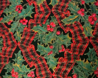 Vintage 1980s fabric in highquality unused cotton with larger green/ red/ gold printed Christmas ironoak berry motives on darkgreen bottom