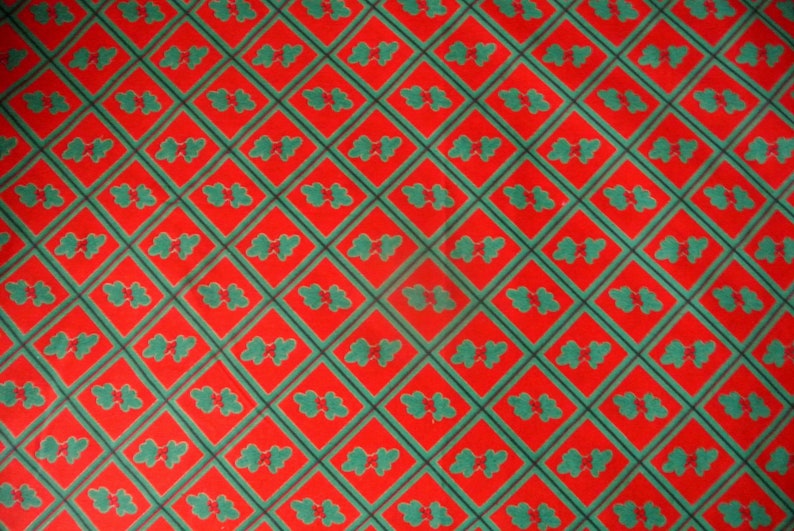 Vintage 1980s Christmas fabric in highquality sturdy unused cotton with printed lingonberry motive and green check pattern on red bottom