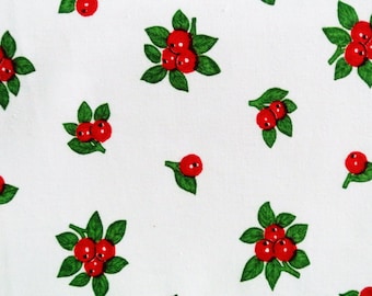 Vintage 1970s fabric in highquality unused cotton with green/ red printed lingonberries pattern on white bottomcolor